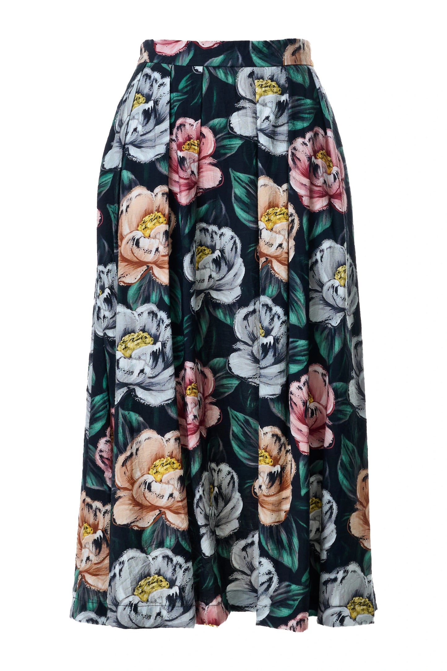 Lizea Peonies Print Pleated Midi Skirt - Black