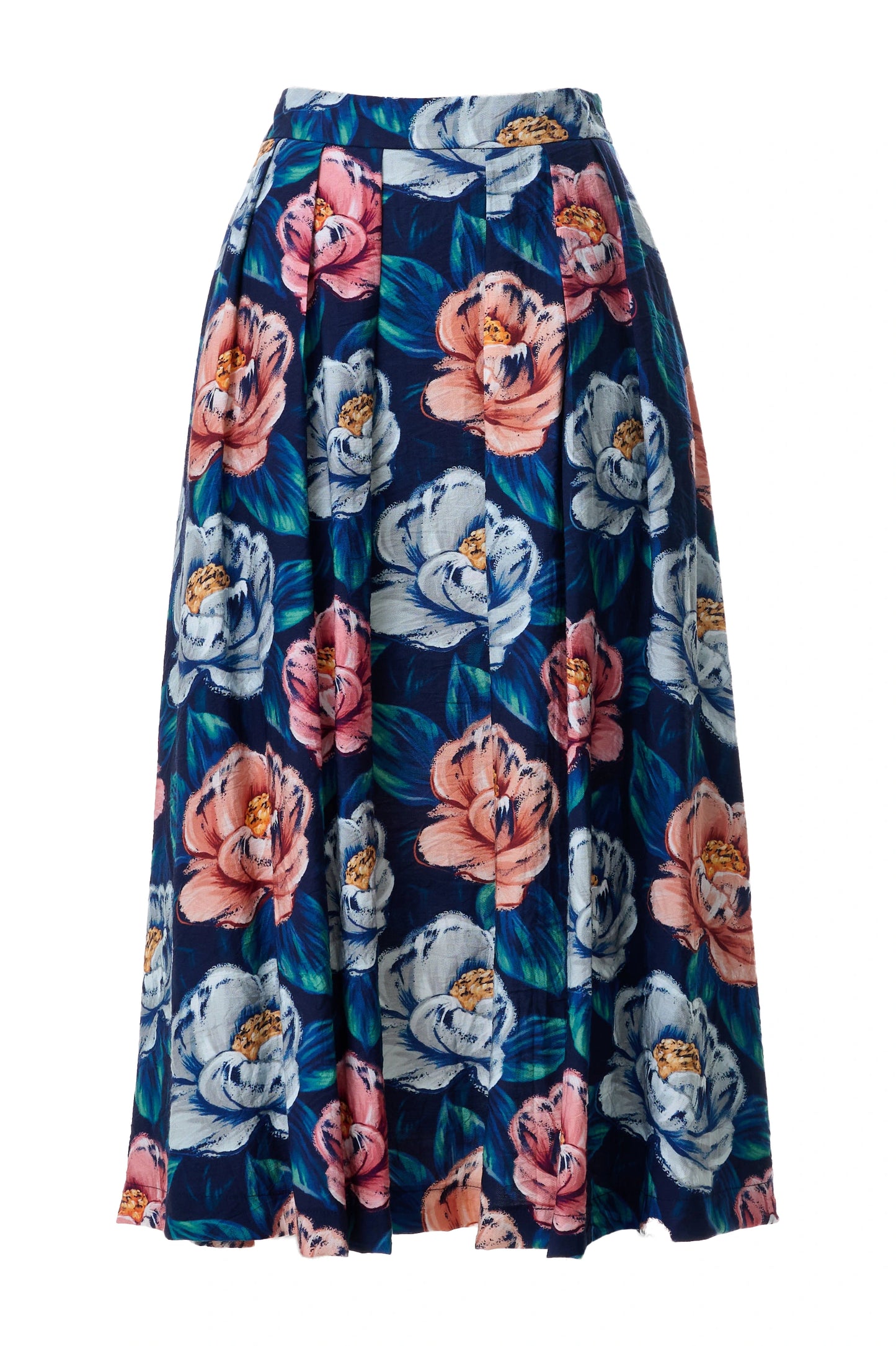 Lizea Peonies Print Pleated Midi Skirt - Navy