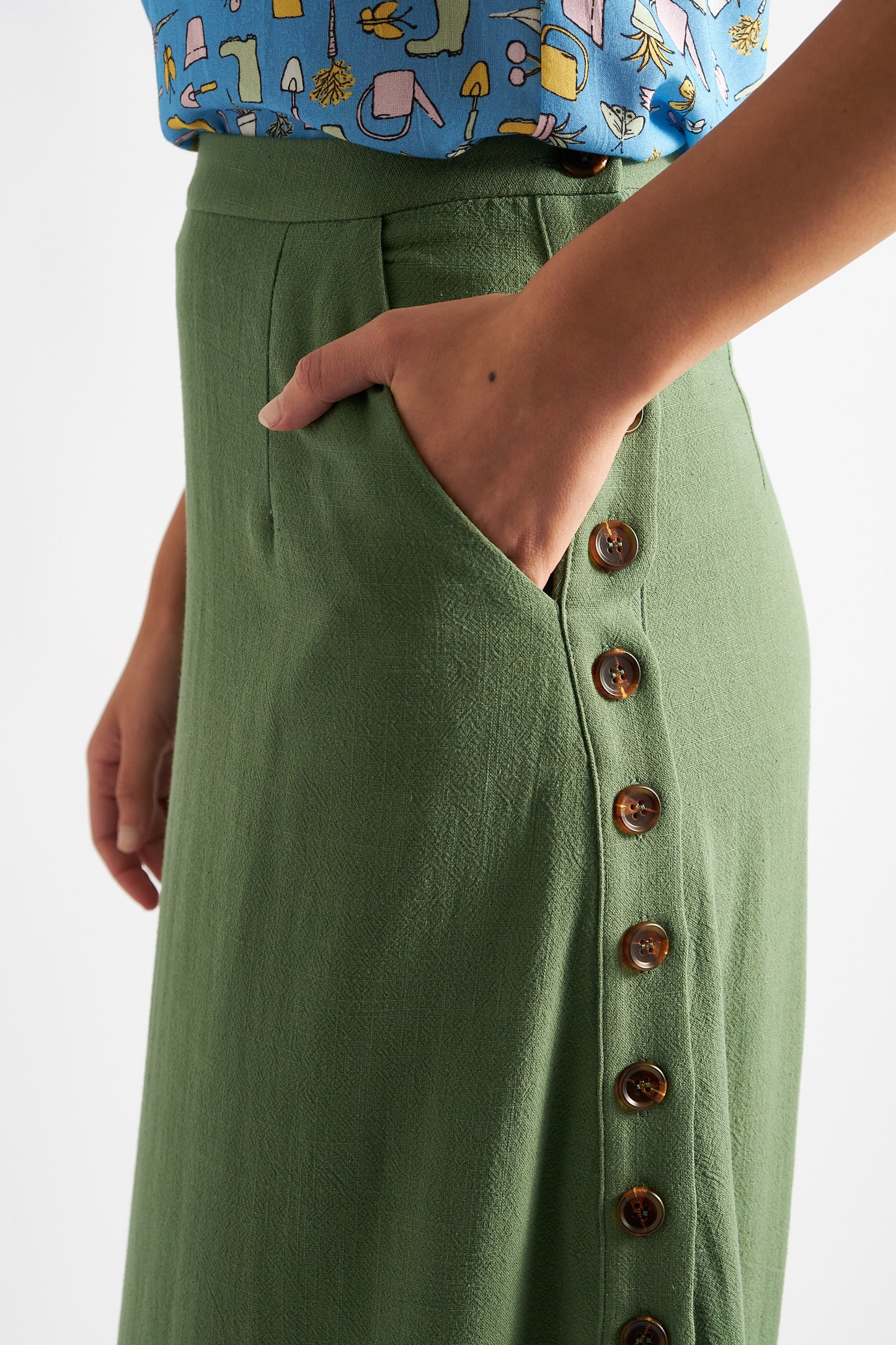 Lloyd Linen Mix Side Button Midi Skirt - Green