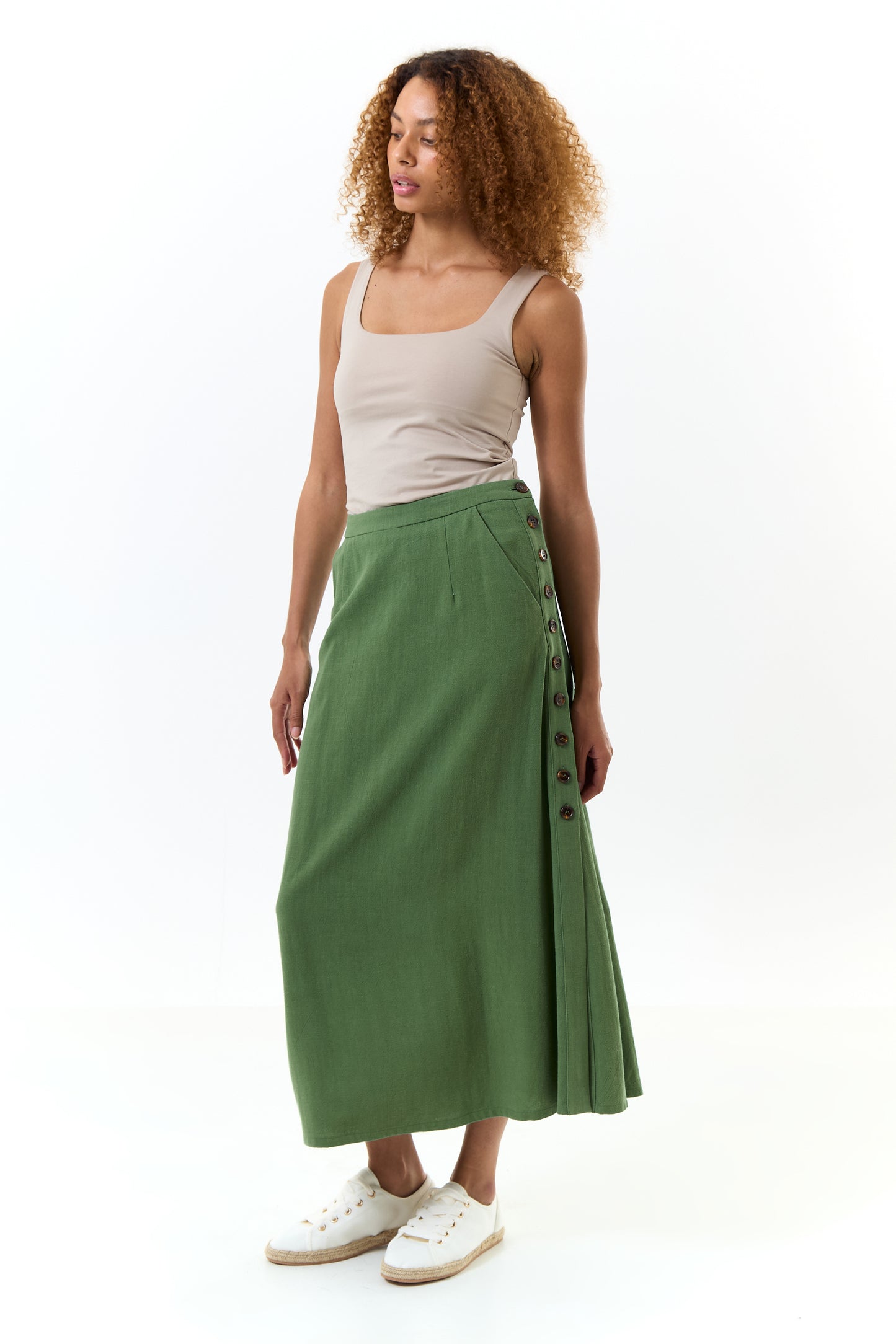 Lloyd Linen Mix Side Button Midi Skirt - Green