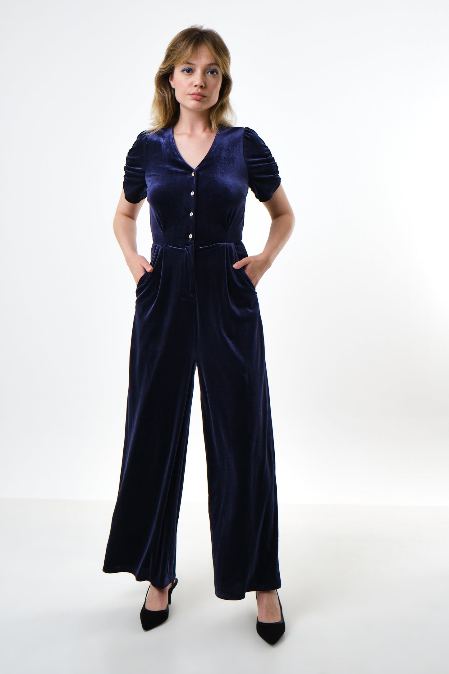 Lyes Velvet Short Sleeved Jumpsuit - Navy