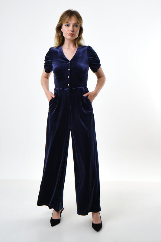 Lyes Velvet Short Sleeved Jumpsuit - Navy