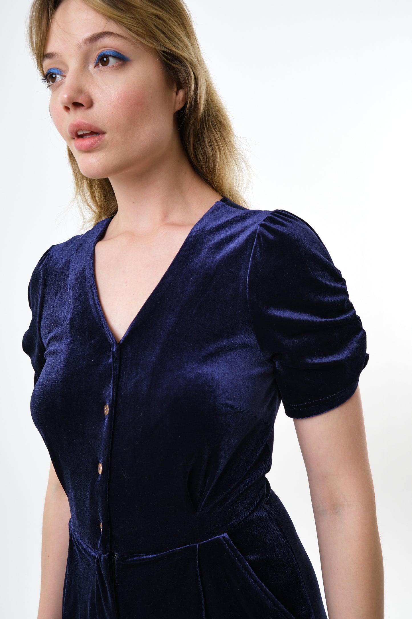 Lyes Velvet Short Sleeved Jumpsuit - Navy