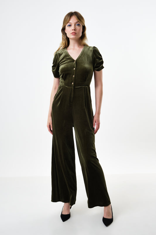 Lyes Velvet Short Sleeved Jumpsuit - Sage