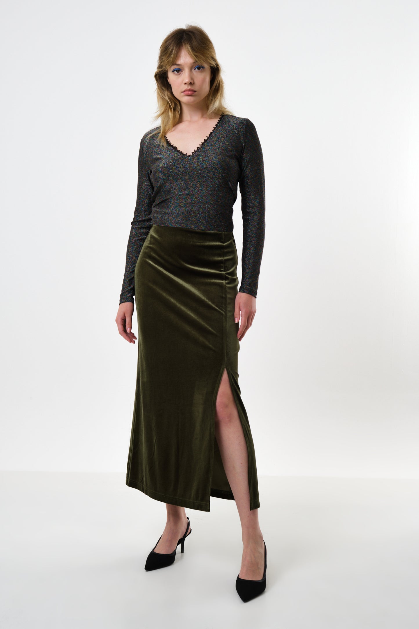 Mahee Velvet Midaxi Skirt - Sage