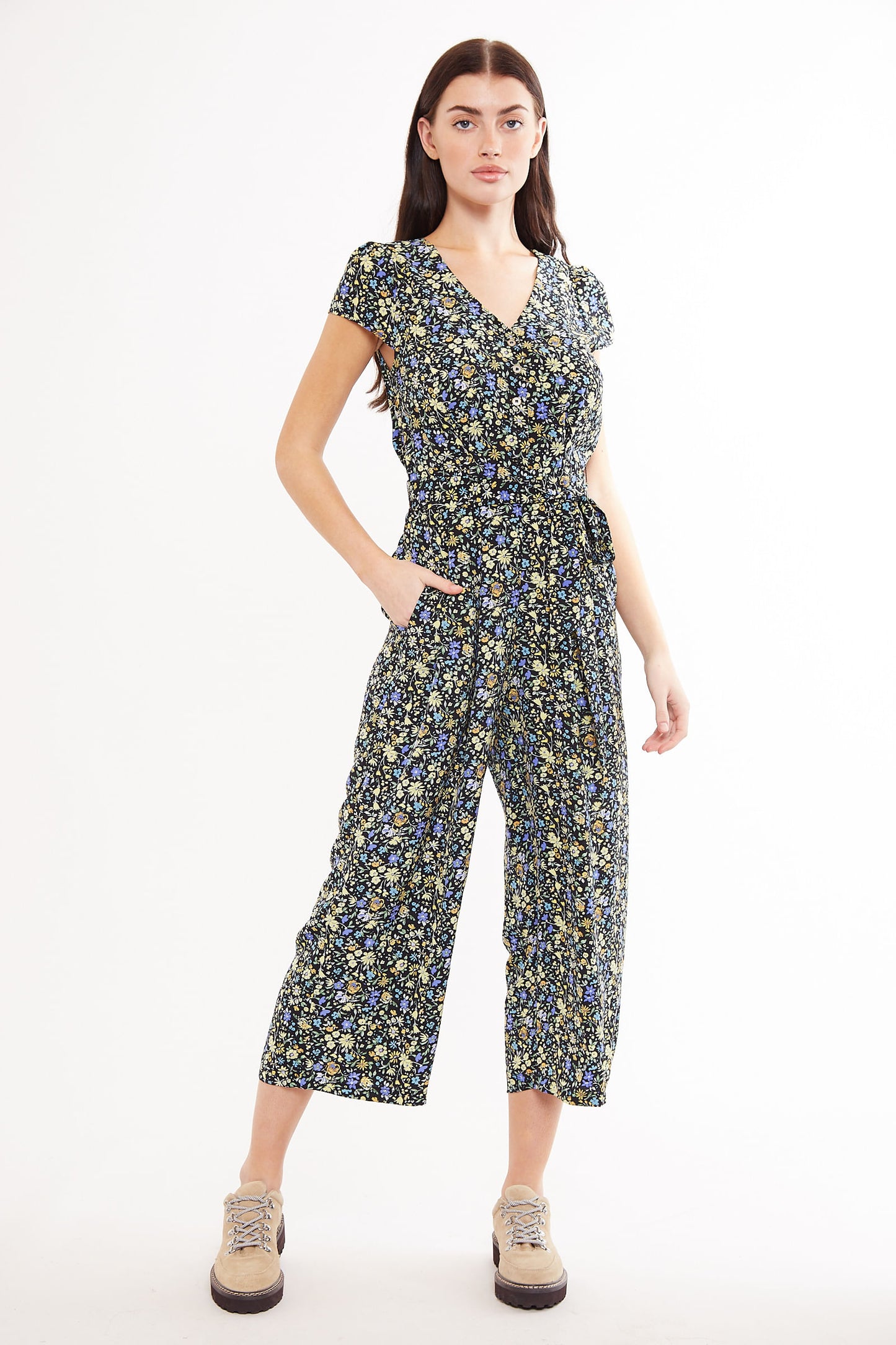 Marleen Fallen Flower Print Short Sleeve Cropped Jumpsuit