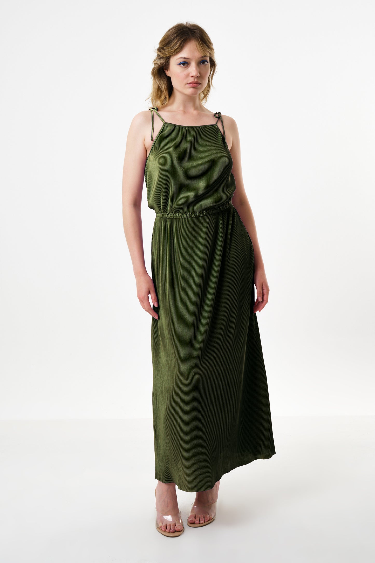 Mayra Pleat Sage Strappy Maxi Dress