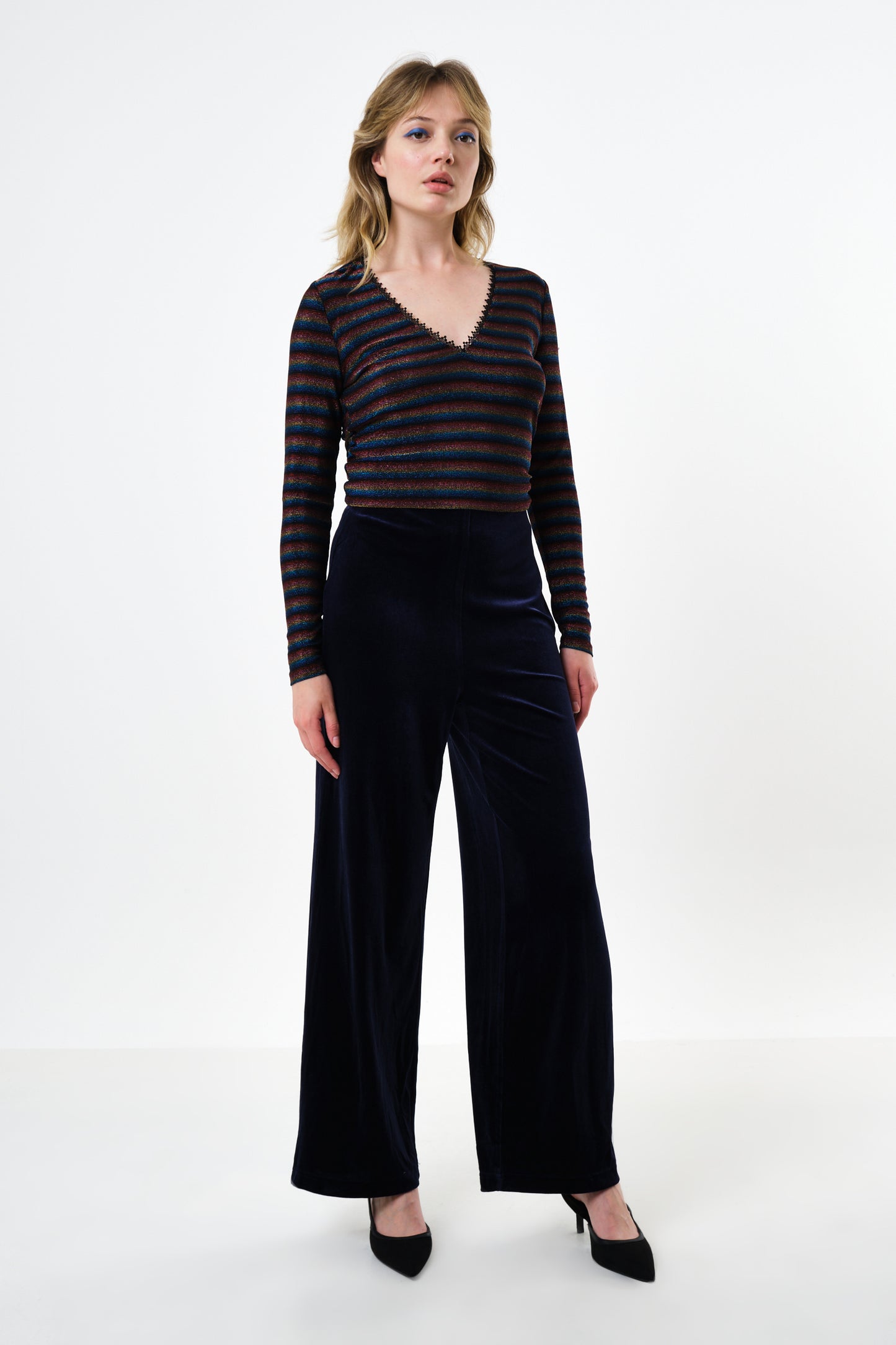 Melvin Velvet Wide Leg Trousers - Navy