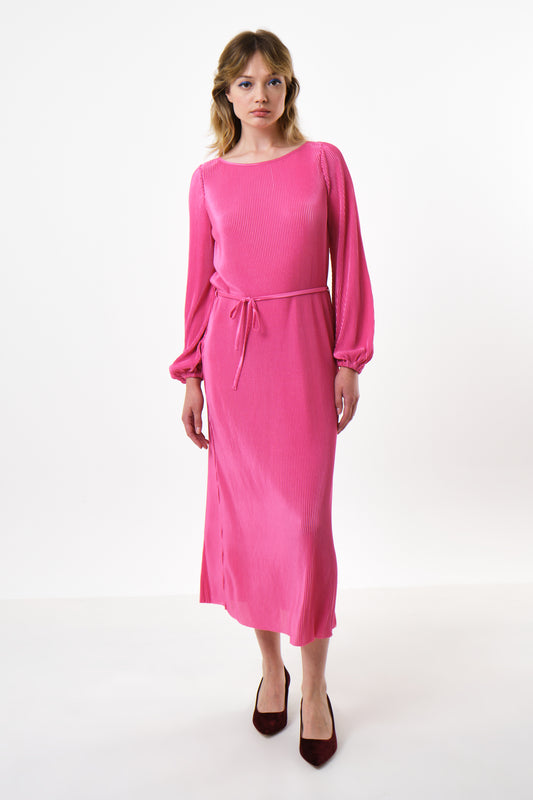 Milene Pleat Long Sleeve Midi Dress - Pink