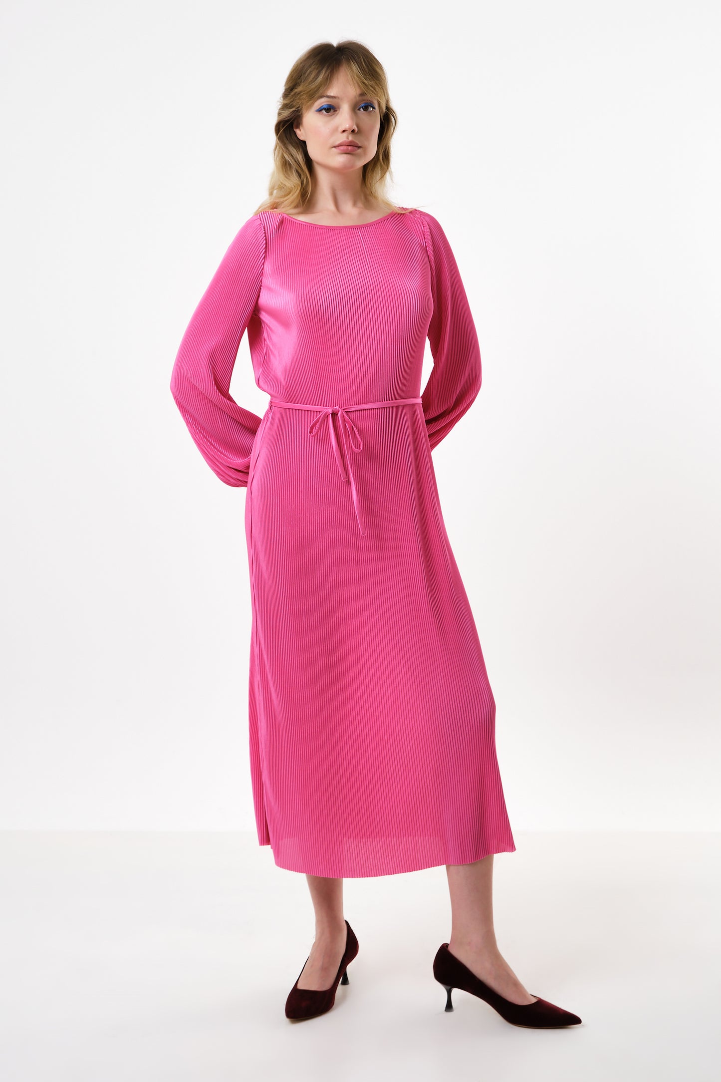 Milene Pleat Long Sleeve Midi Dress - Pink