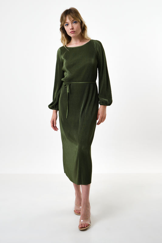 Milene Pleat Long Sleeve Midi Dress - Sage