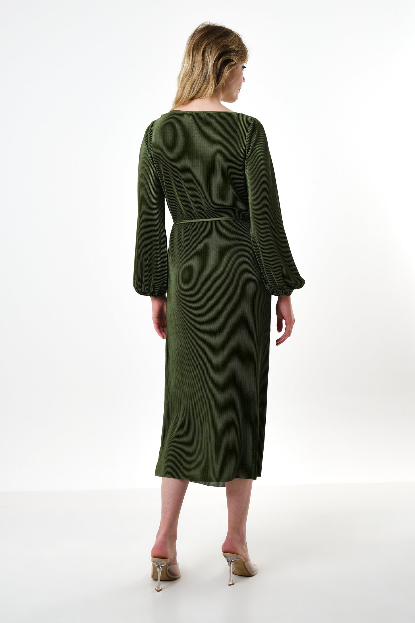 Milene Pleat Long Sleeve Midi Dress - Sage