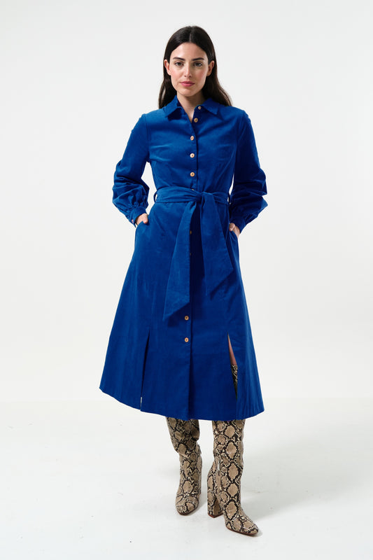 Rebecka Babycord Midi Shirt Dress - Cobalt