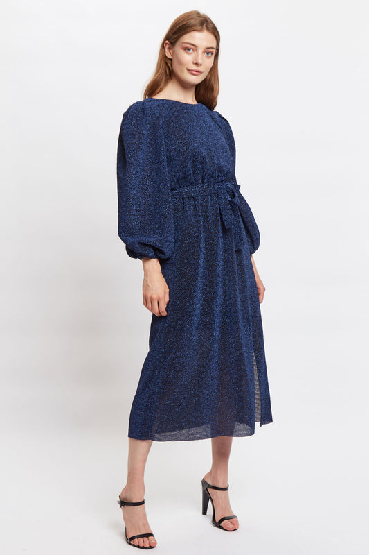 Louche Roza Lurex Jersey V Back Midi Dress - Navy