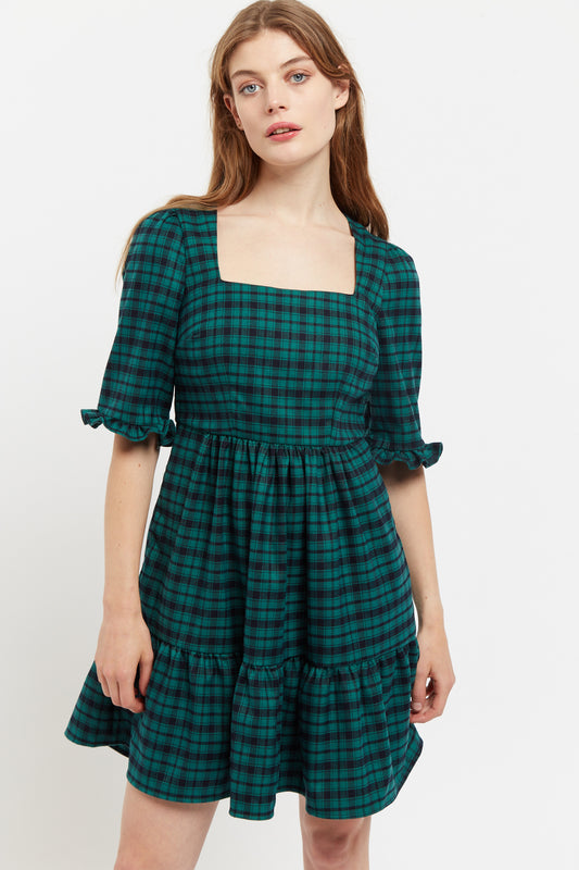 Sassa Winter Gingham Tiered Mini Dress in Green and Black