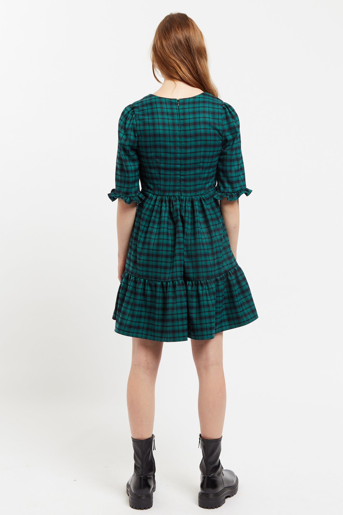 Sassa Winter Gingham Tiered Mini Dress in Green and Black