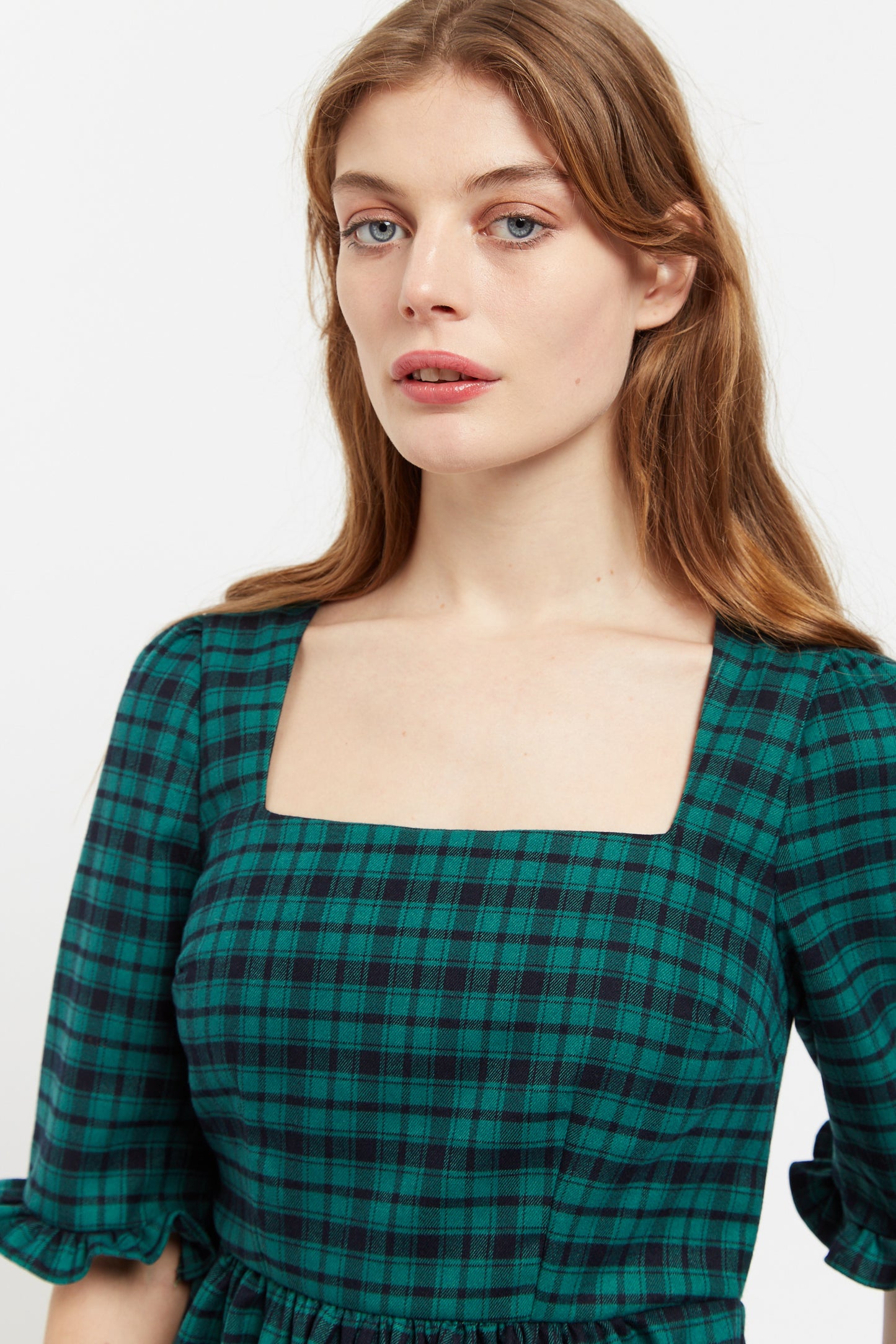 Sassa Winter Gingham Tiered Mini Dress in Green and Black