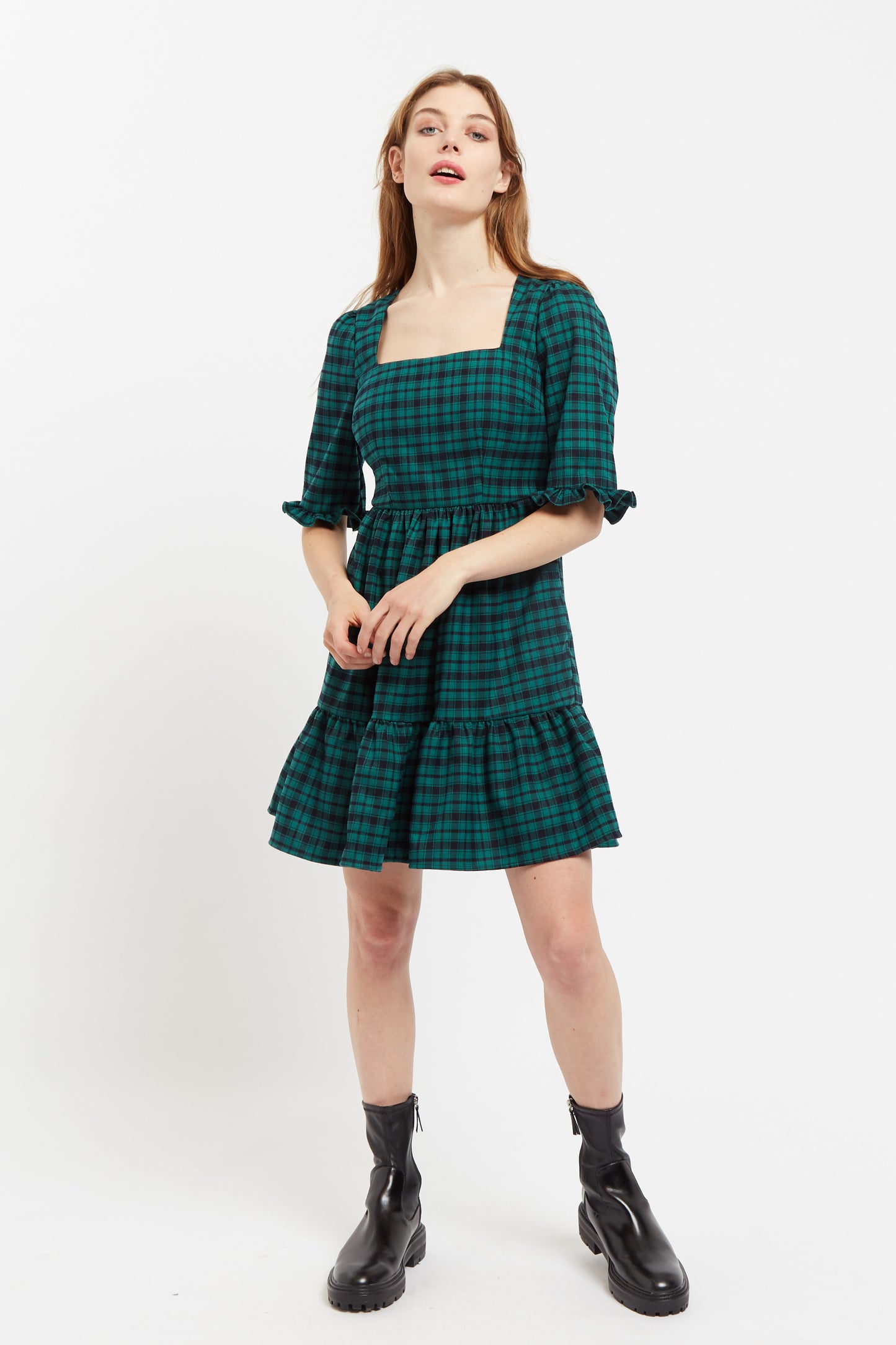 Sassa Winter Gingham Tiered Mini Dress in Green and Black