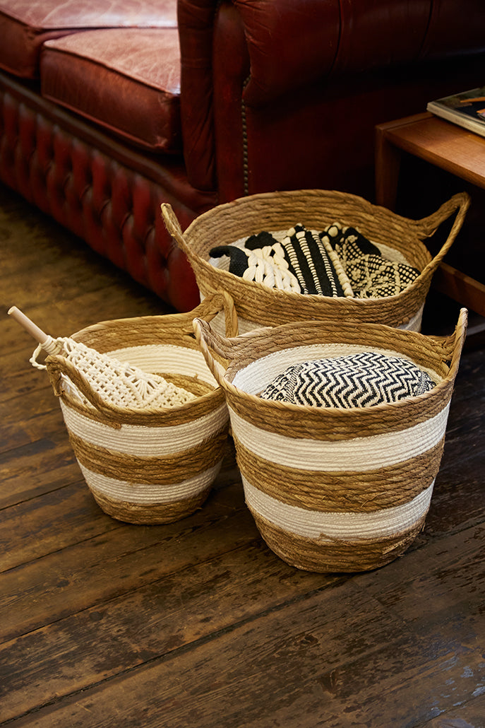 Set of 3 White Stripe Straw Storage Baskets