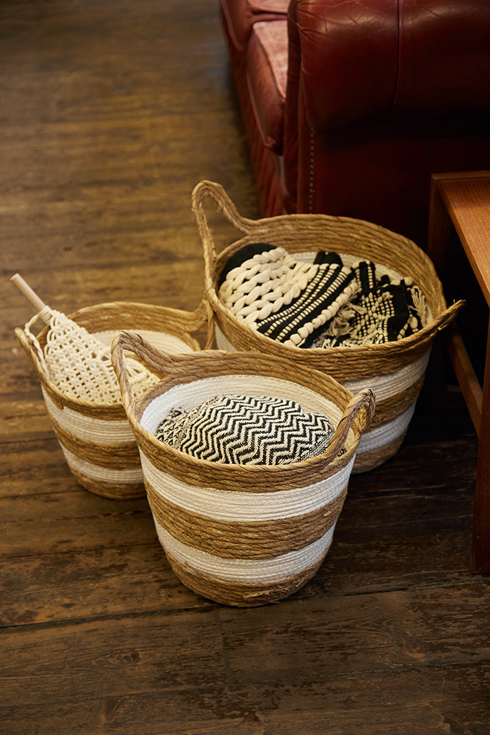 Set of 3 White Stripe Straw Storage Baskets