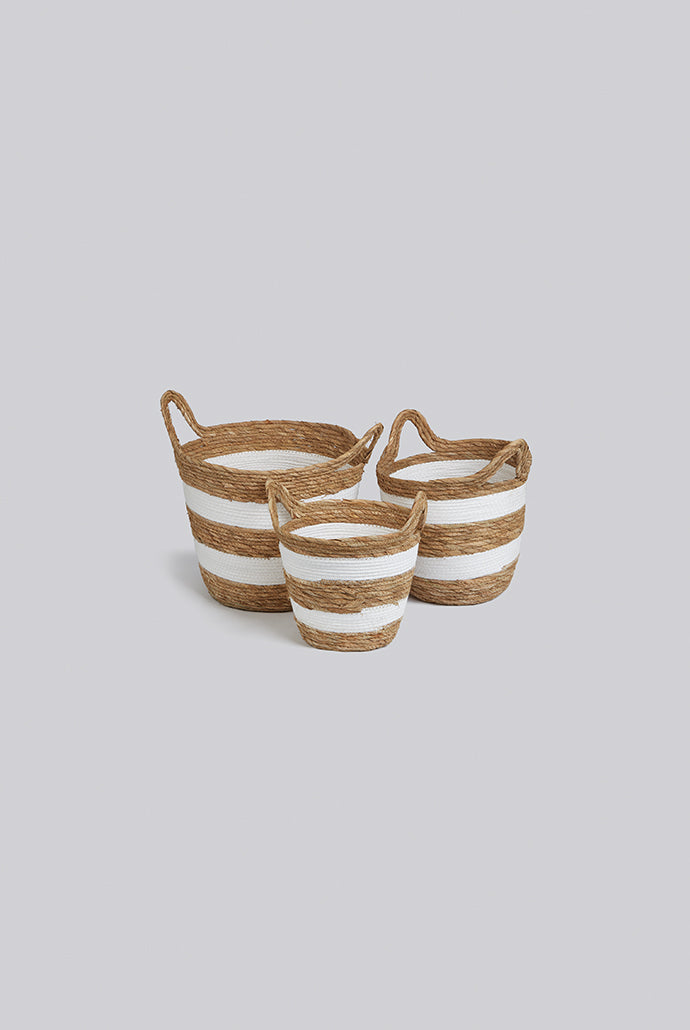 Set of 3 White Stripe Straw Storage Baskets