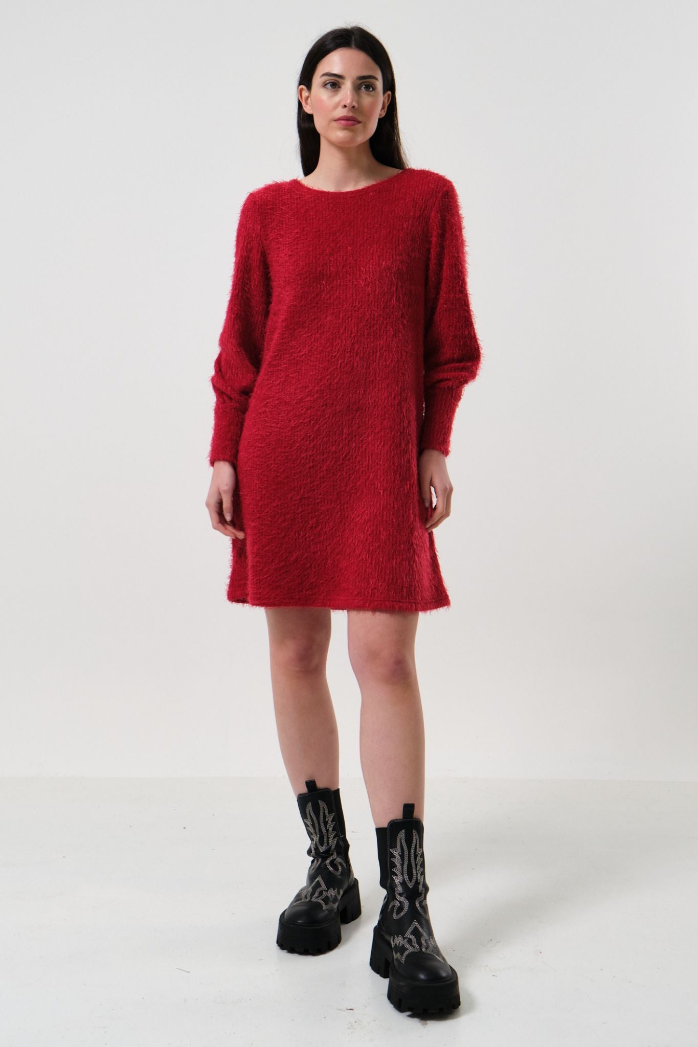 Jenyfer Eyelash Rib Long Sleeve Mini Dress - Red