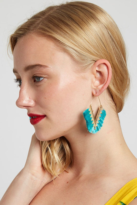 Edna V-Shape Silk Tassel Hoop Earrings - Turquoise