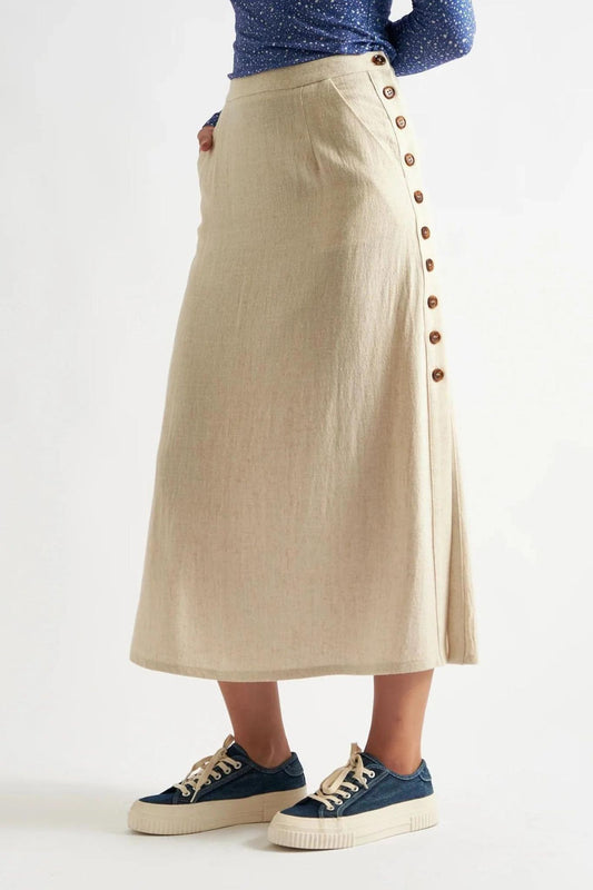 Lloyd Linen Mix Side Button Midi Skirt - Natural
