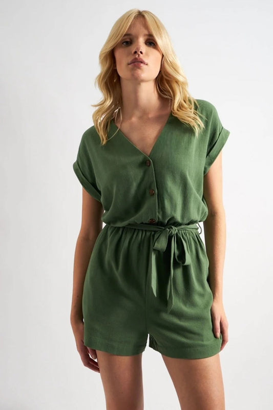 Adonia Linen Mix V-Neck Playsuit - Green