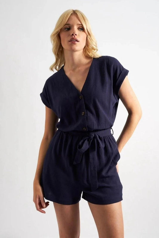 Adonia Linen Mix V-Neck Playsuit - Navy