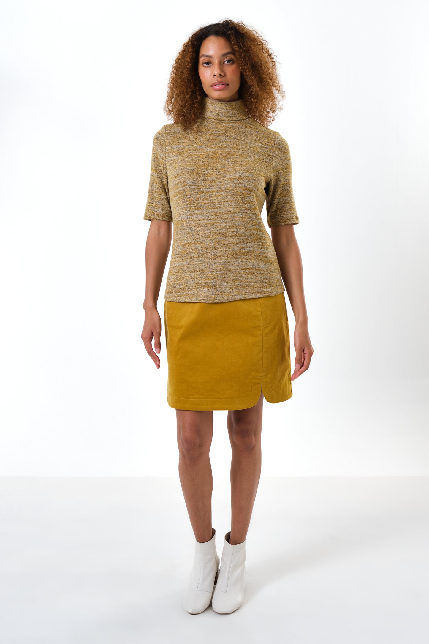 Vista Soft Marl Polo Neck Short Sleeve Top - Mustard