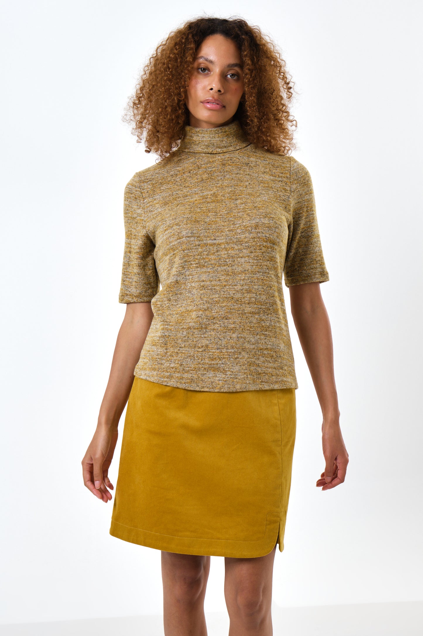 Vista Soft Marl Polo Neck Short Sleeve Top - Mustard