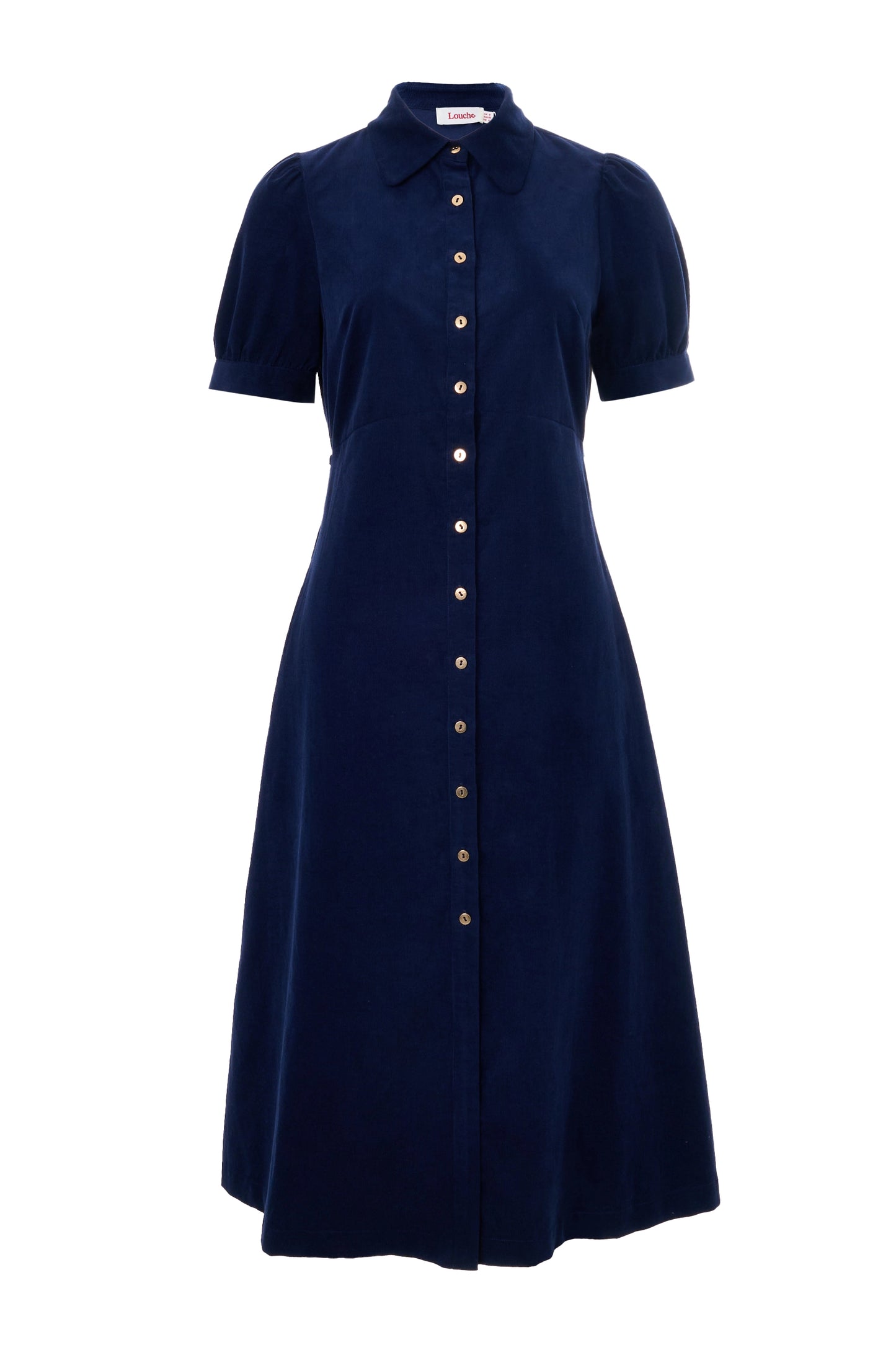 Wanda Lightweight Baby Cord Puff Sleeve Midi Dress - Navy