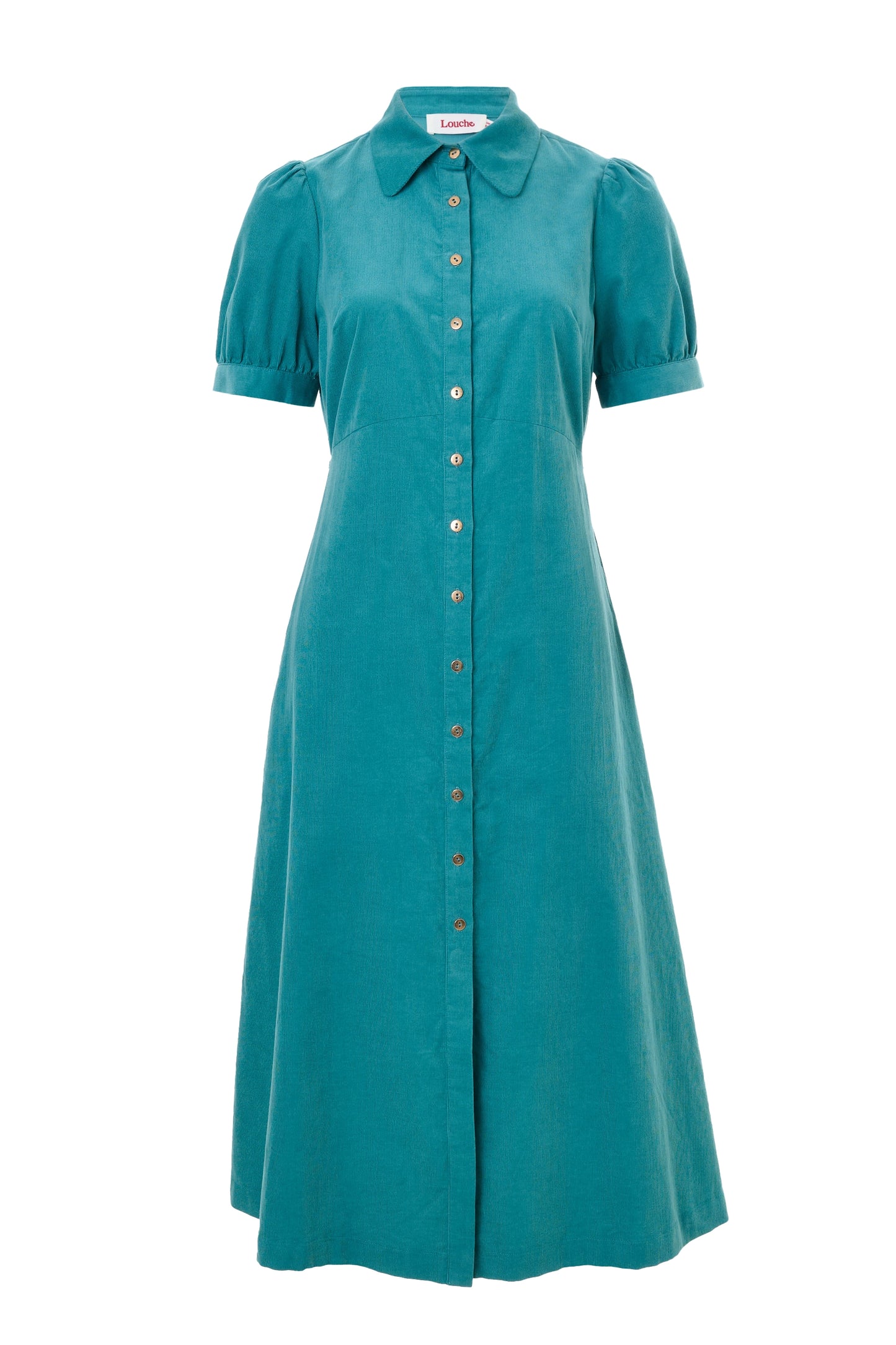 Wanda Lightweight Baby Cord Puff Sleeve Midi Dress - Teal