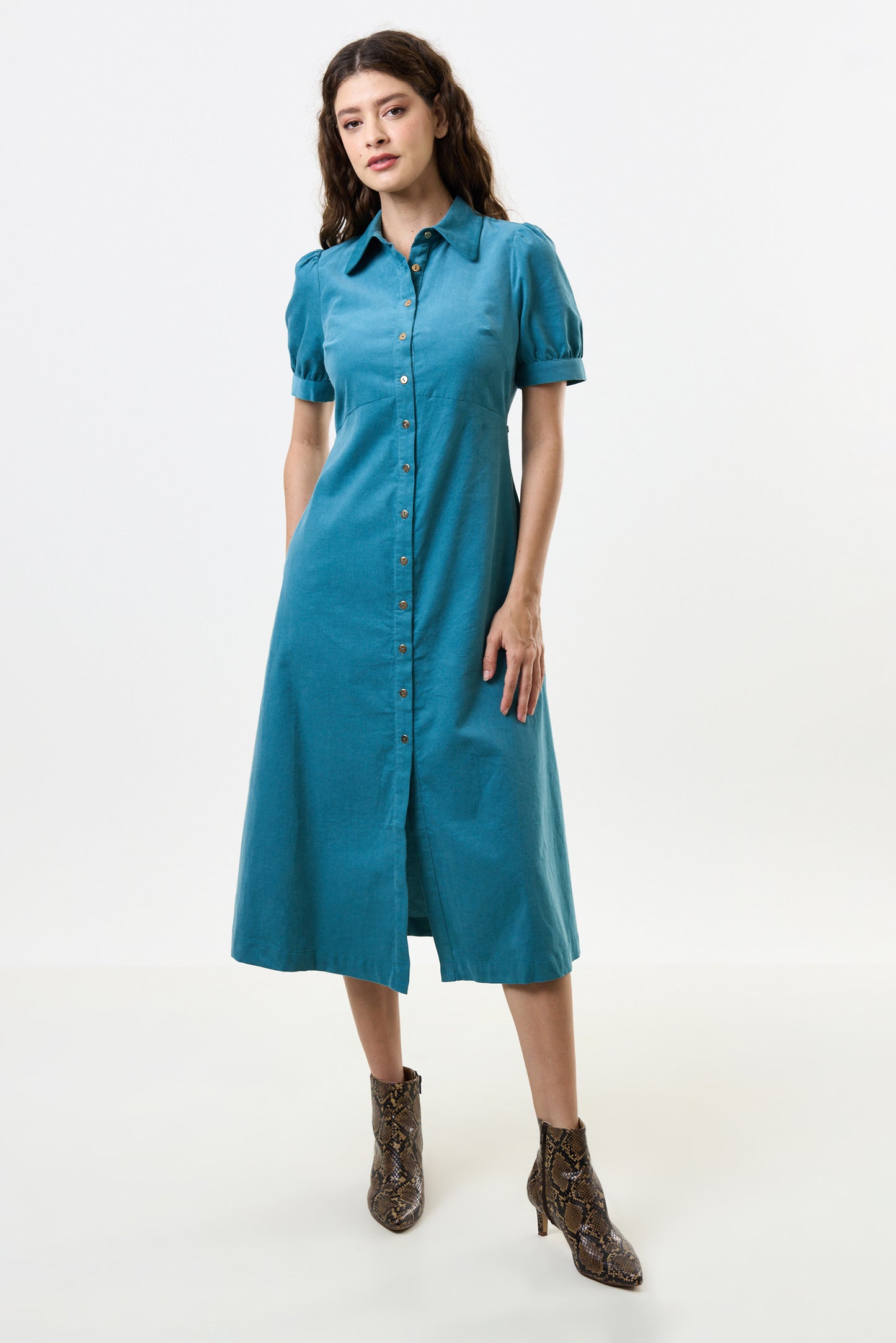 Wanda Lightweight Baby Cord Puff Sleeve Midi Dress - Teal