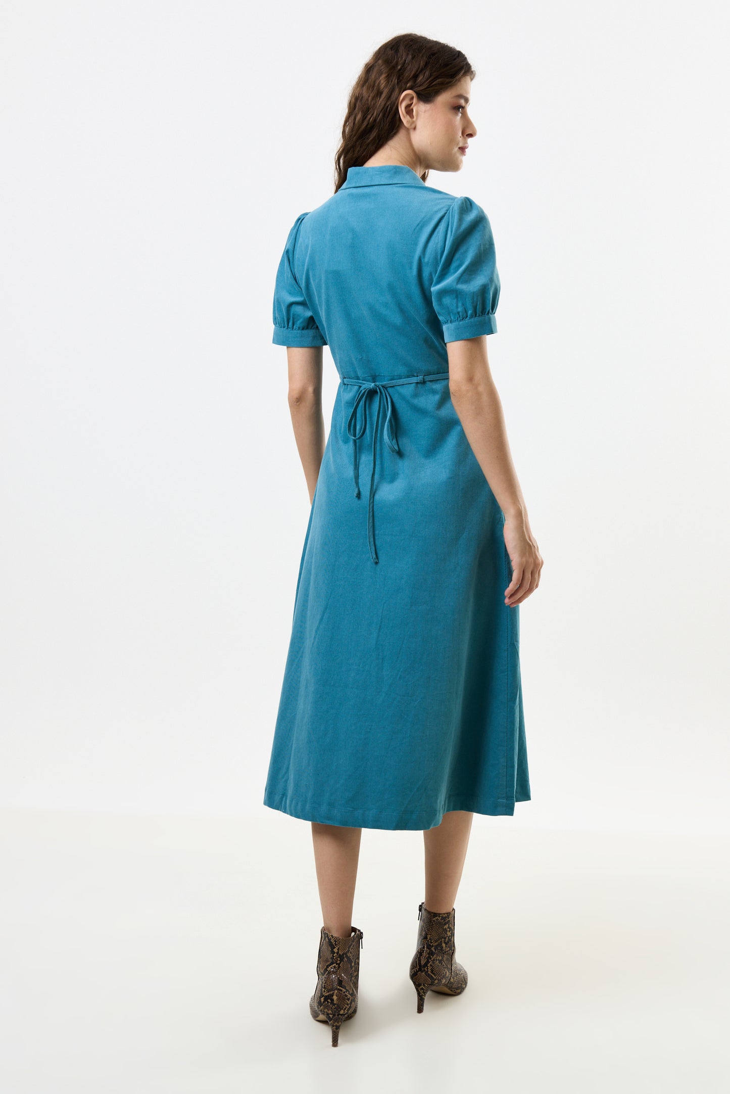 Wanda Lightweight Baby Cord Puff Sleeve Midi Dress - Teal