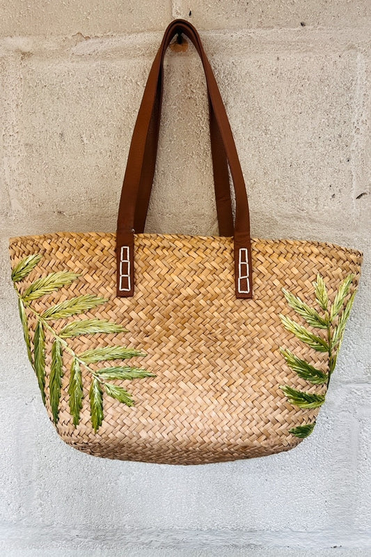 Anya Straw Embroidered Palm Leaf Tote Bag