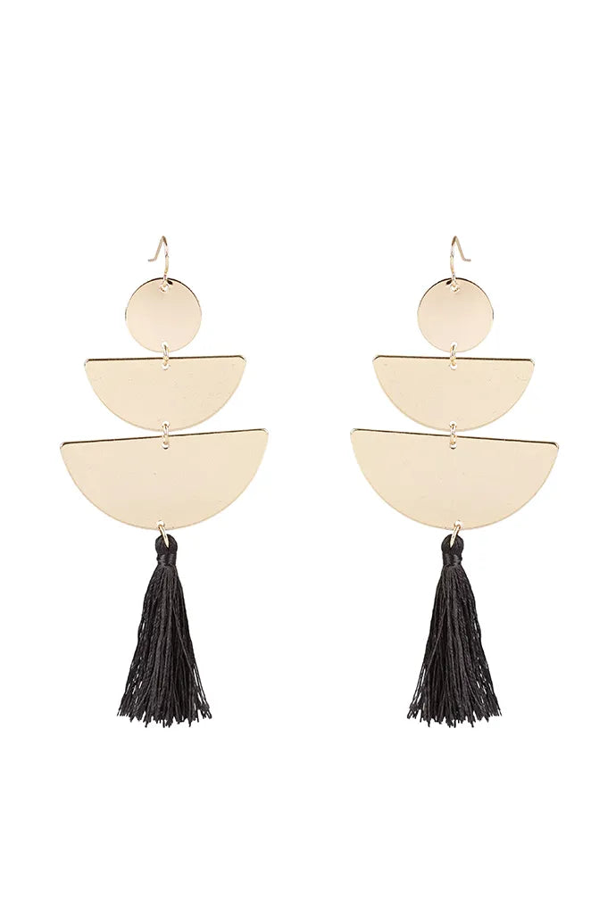 Varine Triple Drop Geo Black Tassel Earrings