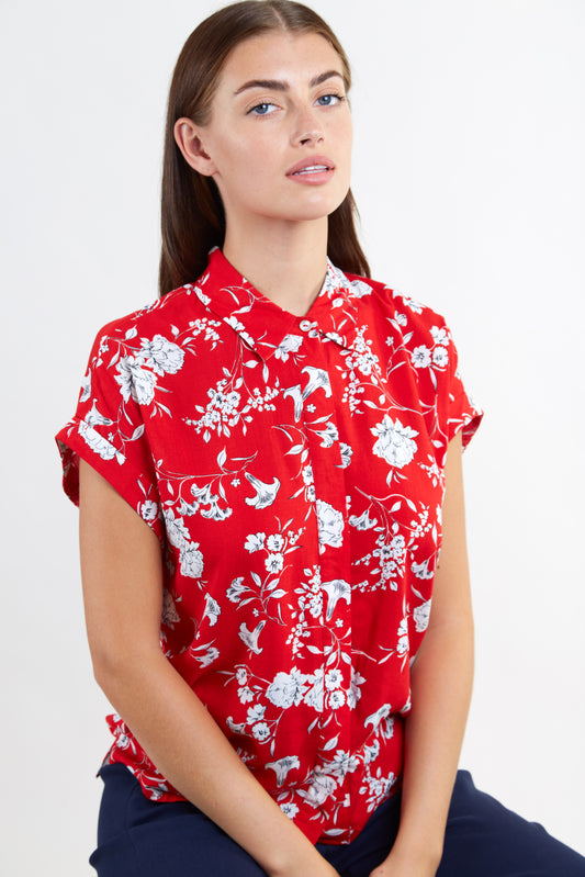 Louche Abinaya Carnation Print Short Sleeve Shirt Red