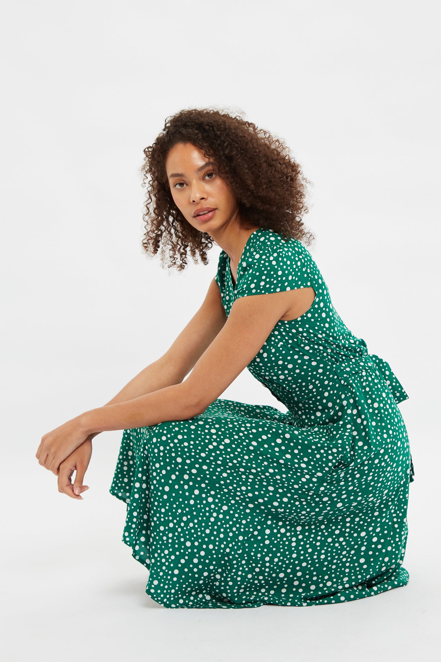 Cathleen Midi Spot It Print Midi Tea Dress Green