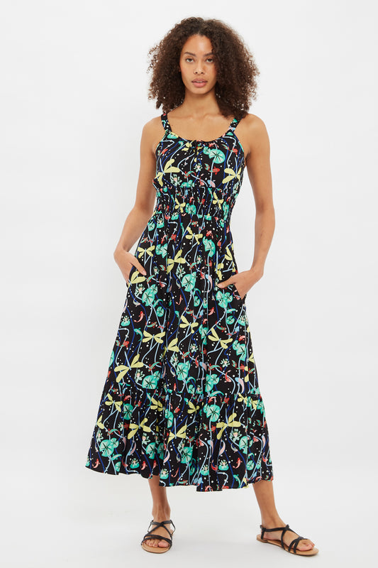 Leda Pond Print Shirred Waist Midi Sundress