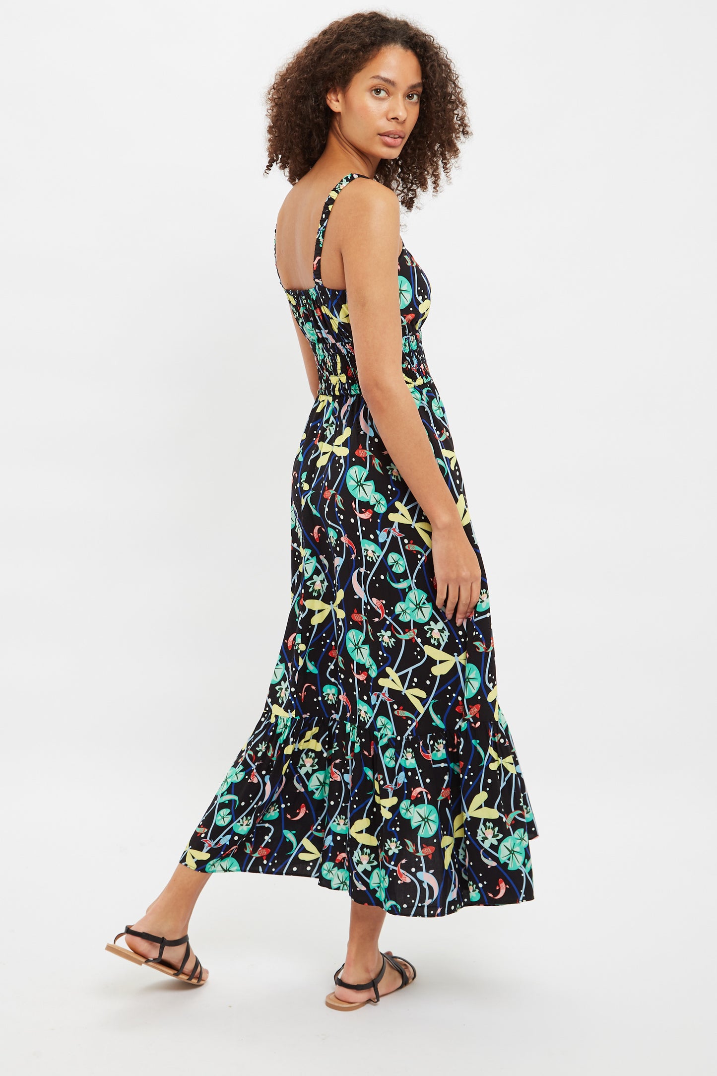 Leda Pond Print Shirred Waist Midi Sundress