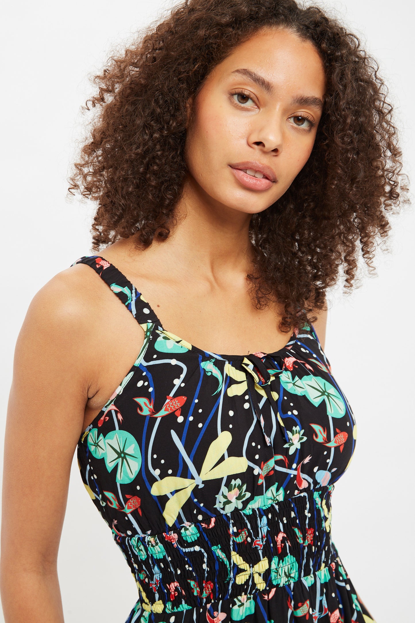 Leda Pond Print Shirred Waist Midi Sundress