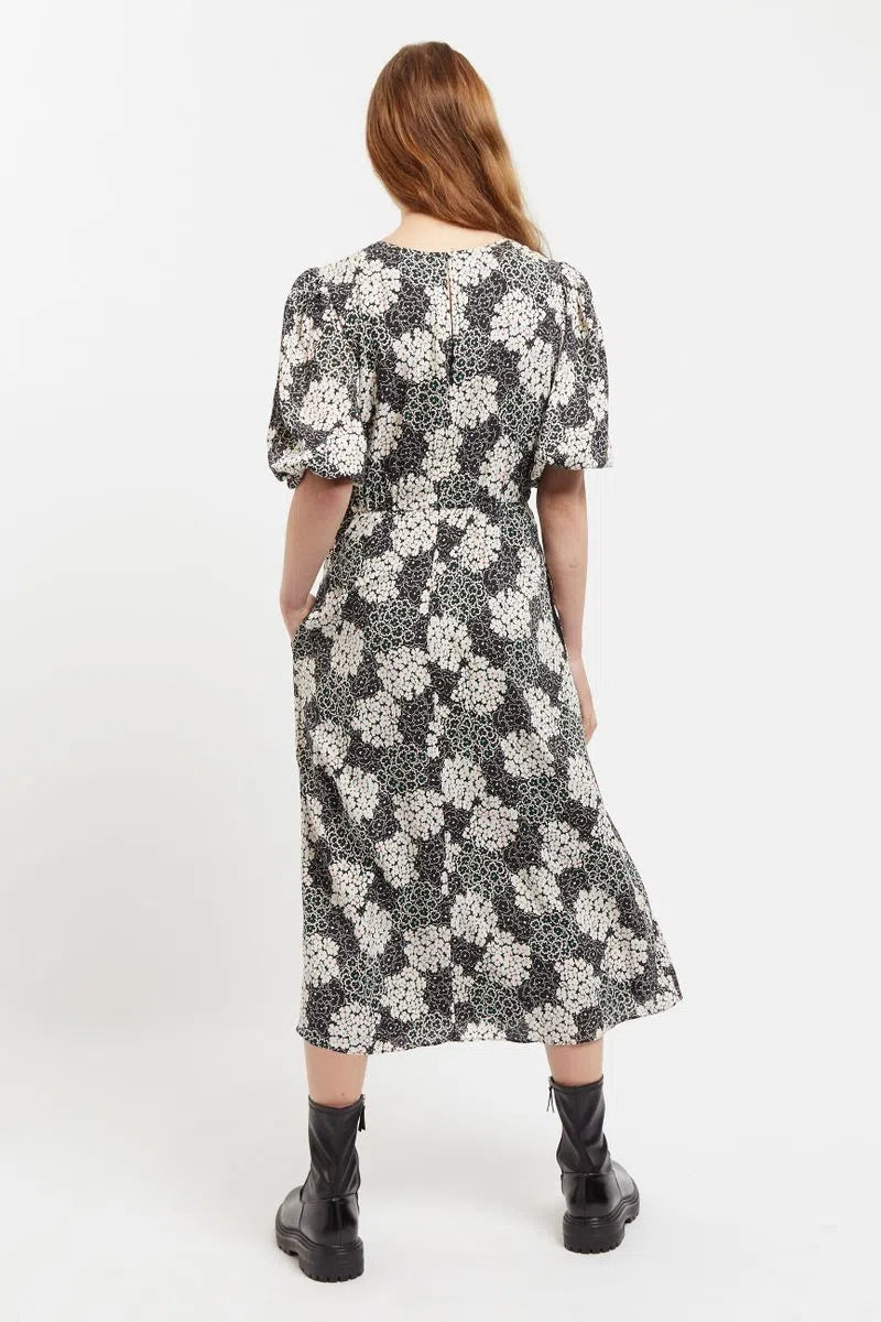 Leonore Flower Patch Balloon Sleeve Midi Dress in Black & White