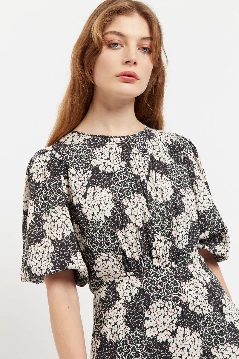 Leonore Flower Patch Balloon Sleeve Midi Dress in Black & White