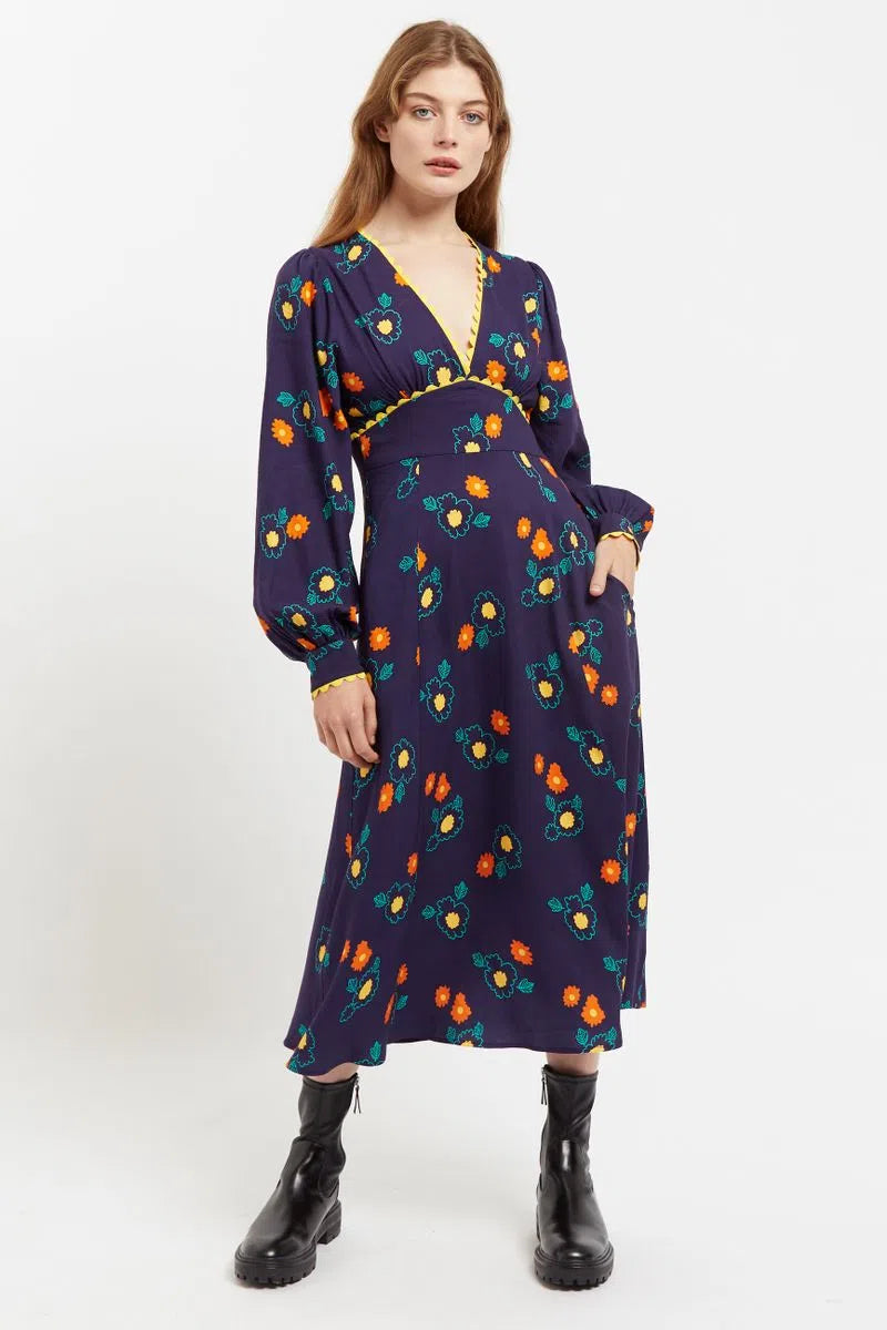 Marize Clarice Floral Print V Neck Long Sleeve Midi Dress