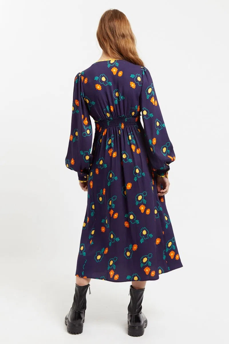 Marize Clarice Floral Print V Neck Long Sleeve Midi Dress