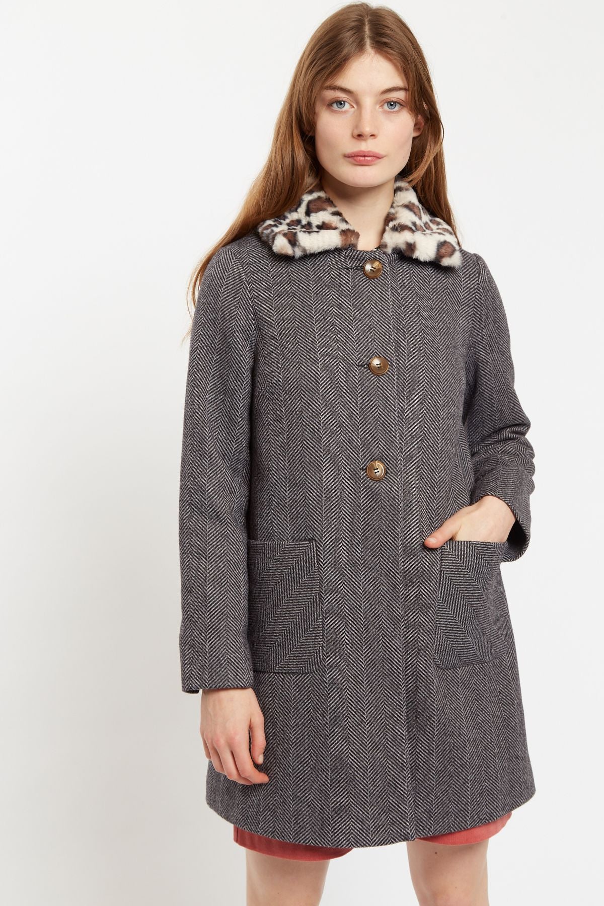 Dryden Herringbone Faux Fur Collar A Line Coat