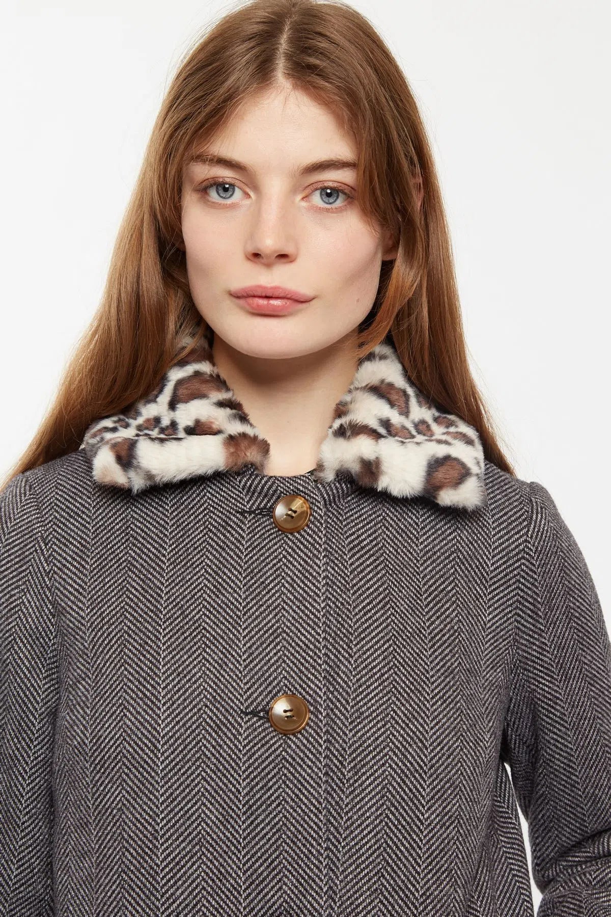 Dryden Herringbone Faux Fur Collar A Line Coat